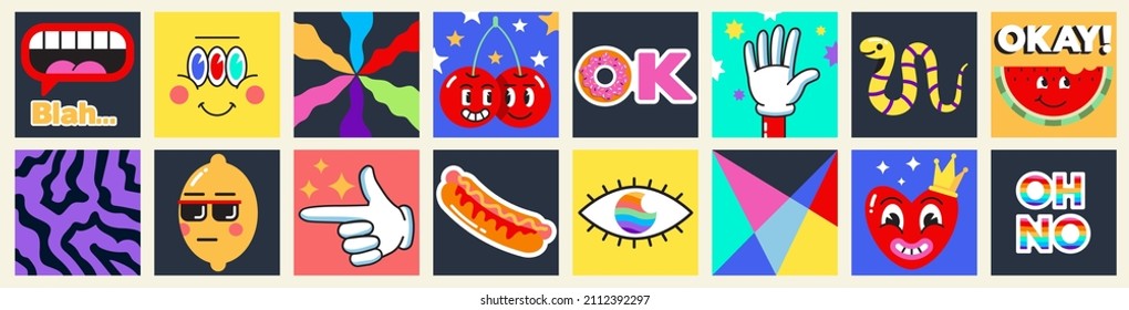 Collection of crazy Abstract comic characters elements and shapes. Bright colors Cartoon style. Vector Illustration