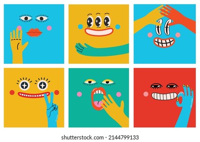 Collection of crazy Abstract comic characters elements and faces. Bright colors Cartoon style. Vector Illustration