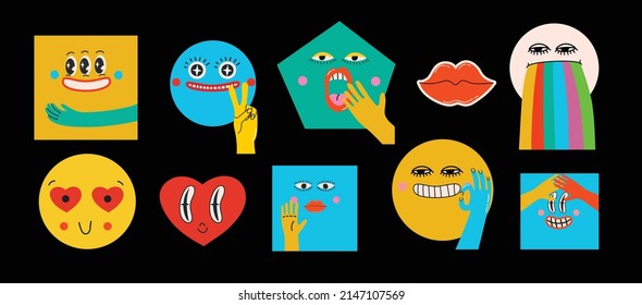 Collection of crazy Abstract comic characters elements and faces. Bright colors Cartoon style. Vector Illustration