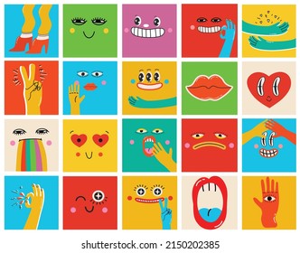 Collection of crazy Abstract comic characters elements and faces. Bright colors Cartoon style. Vector Illustration
