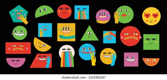 Collection of crazy Abstract comic characters geometric elements and faces. Bright colors Cartoon style. Vector Illustration in the simple design