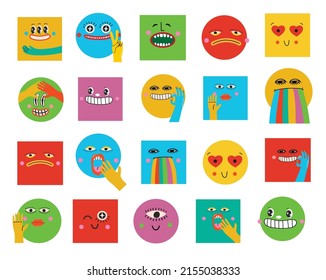 Collection of crazy Abstract comic characters geometric elements and faces. Bright colors Cartoon style. Vector Illustration