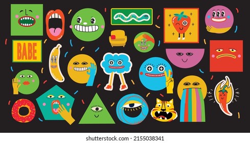 Collection of crazy Abstract comic characters geometric elements and faces. Bright colors Cartoon style. Vector Illustration