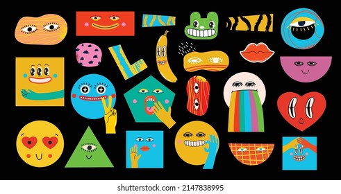 Collection of crazy Abstract comic geometric shape characters elements and faces. Bright colors Cartoon style. Vector Illustration