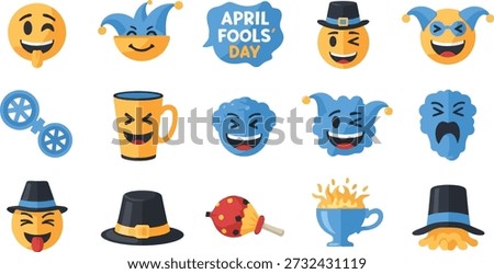 A collection of crazy and funny vector icons for April Fools' Day, featuring silly emojis, hats, gag items like a lollipop, and hot beverages.