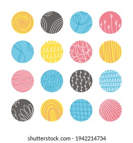 Colección de portadas de resaltado geométricas abstractas de medios sociales creativas.Las historias de diseño giran en torno a la colección de iconos.Puntos, ondas, rayas, espirales, puntos, líneas, cheques y otros patrones. Ilustración del vector