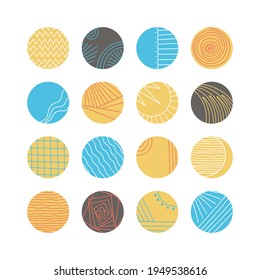 Collection of creative abstract geometric social media highlight covers.Design stories round icon collection.Spots, waves, stripes, spirals, dots, lines, checks and other patterns. Vector illustration