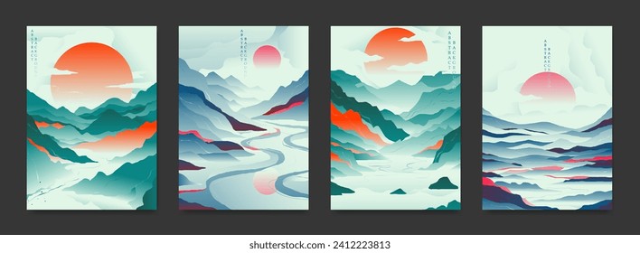 A collection of creative abstract landscapes of mountains with the sun painted by hand.