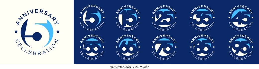 collection of creative Anniversary circle number 5 to 95 logo designs. abstract number design vector illustration