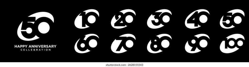 collection of creative Anniversary oval number 10 to 100 logo designs. abstract number design vector illustration