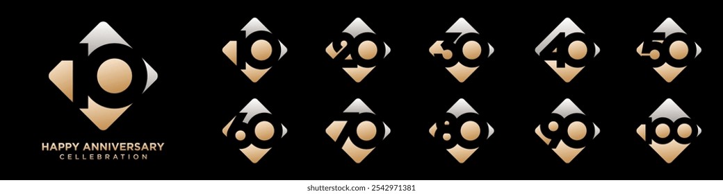colección de diseños creativos de logotipo de número cuadrado de aniversario 10 a 100. Ilustración vectorial de diseño de número abstracto