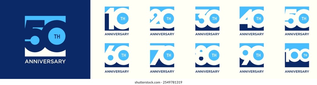 Sammlung von kreativen Anniversary Square Nummer 10 bis 100 Logo-Designs. abstrakte Zahlendesign, Vektorgrafik