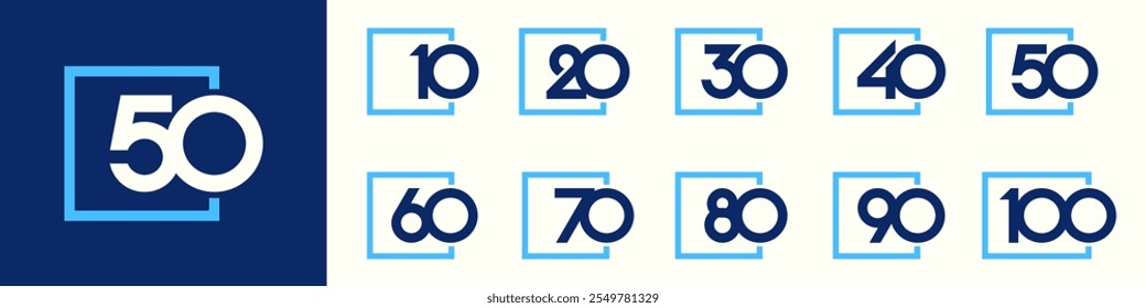 coleção de criativo Anniversary Square número 10 a 100 desenhos de logotipo. número abstrato design vetor ilustração
