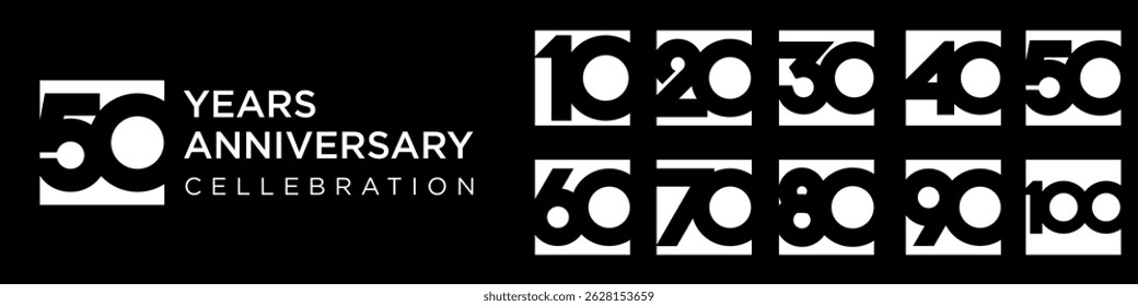 collection of creative Anniversary Square number 10 to 100 logo designs. abstract number design vector illustration