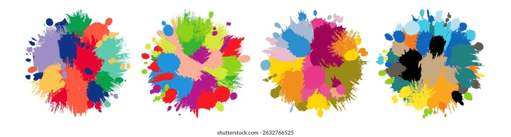 Collection of creative artistic bright staines. Set of watercolor backgrounds. Round shapes with brushing strokes. Colorful blobs. Backdrop design. Isolated graphic elements with vibrant hues.