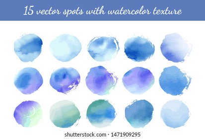 Collection of creative blue spots with watercolor texture. Stock vector set. Can be used for watercolor brushes. Abstract marine background. Hand drawn decorative elements. Water, sea, ocean, sky. 