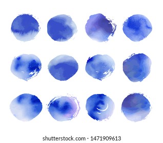 Collection of creative blue spots with watercolor texture. Stock vector set. Can be used for watercolor brushes. Abstract marine background. Hand drawn decorative elements. Water, sea, ocean, sky. 