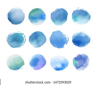 Collection of creative blue spots with watercolor texture. Stock vector set. Can be used for watercolor brushes. Abstract marine background. Hand drawn decorative elements. Water, sea, ocean, sky. 