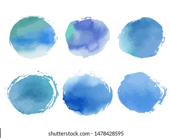 Collection of creative blue spots with watercolor texture. Stock vector set. Can be used for watercolor brushes. Abstract marine background. Hand drawn decorative elements. Water, sea, ocean, sky. 