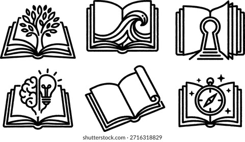 Coleção de livros criativos temáticos ícones ilustrando conhecimento imaginação descoberta e sabedoria
