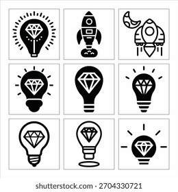 Colección de ideas de negocio creativas con bombillas y cohetes espaciales