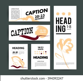 Collection of creative cards. Artistic graphic advertising design. Invitation, leaflet, postcard sample. Anniversary, birthday, valentine, wedding party. Poster, placard, business card. Ink drawing.