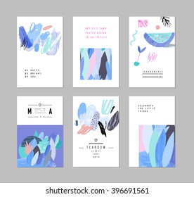 Collection of creative cards and posters with floral elements. Hand drawn textures. Design for poster, card, invitation, placard, brochure, flyer. Vector. Isolated.