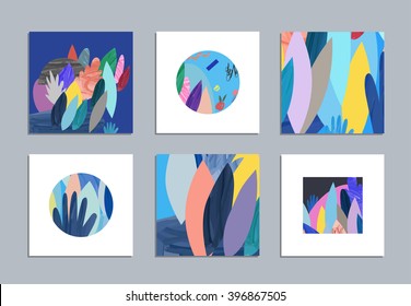 Collection of creative cards and posters with floral elements. Hand drawn textures. Design for poster, card, invitation, placard, brochure, flyer. Vector. Isolated.