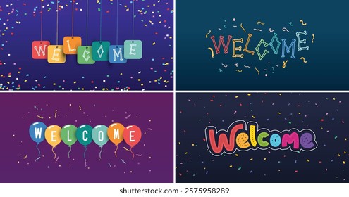 A collection of creative and colorful welcome signs, each with a unique and playful design." A vibrant illustration featuring four different welcome messages,