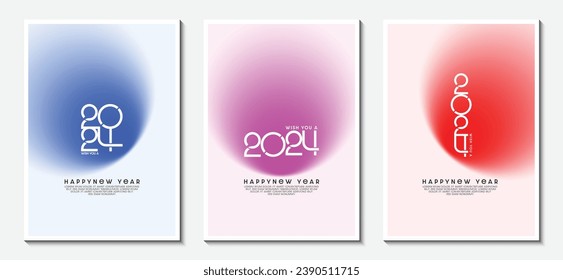 Colección concepto creativo de los afiches de Año Nuevo Feliz 2024. Diseñar plantillas con un número en un fondo colorido. Ideas de moda para revistas, folletos y afiches. EPS del Ilustrador de vectores.