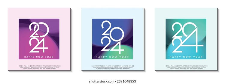 Kollektion kreatives Konzept für 2024 Glückliche Neujahrsposter Set. Entwerfen Sie Vorlagen mit Zahlen auf buntem Hintergrund. Trendideen für Magazine, Broschüren und Plakate. Vektorgrafik EPS.