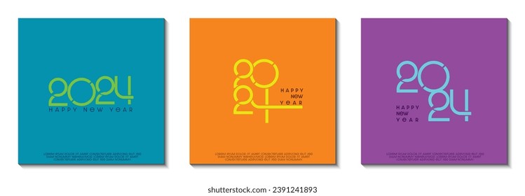 Collection creative concept of 2024 Happy New Year posters set. Design templates with number on colorful background. Trendy ideas for magazines, brochures and posters. Vector Illustrator EPS.