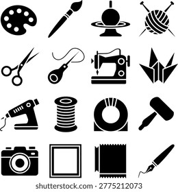Collection of Creative Crafting and Sewing Tools Illustrated in Minimalist Black and White Icons