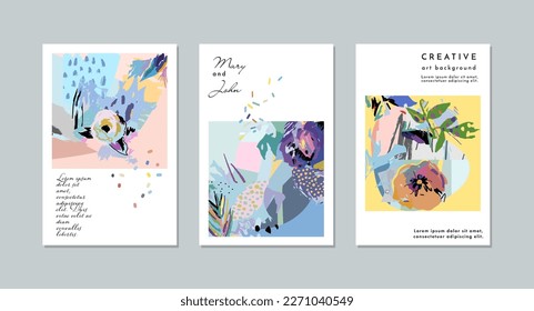 Colección de tarjetas artísticas florales creativas. Texturas dibujadas a mano. Vector