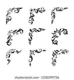 Collection creative hand drawn corner vintage style. Floral decorative element set for your design.