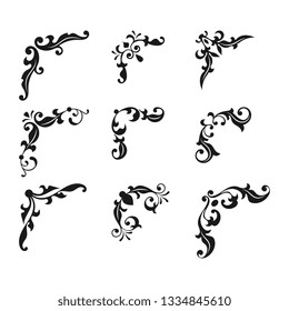 Collection creative hand drawn corner vintage style. Floral decorative element set for your design.