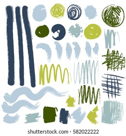 Collection of creative hand drawn textures and elements: smudges, smear, blots, spray, brush, line, blot. Grunge Brush Stroke. Grunge texture and elements design template. Vector ink abstract set