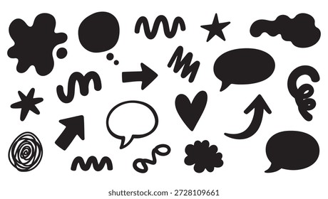 A collection of creative hand-drawn vector doodles featuring thick wavy lines, expressive arrows, minimalist hearts, and various speech bubble shapes. These black organic silhouettes are perfect for adding a handcrafted aesthetic to social media posts, digital journals, modern branding, and playful website graphics. High-quality versatile elements for contemporary design.