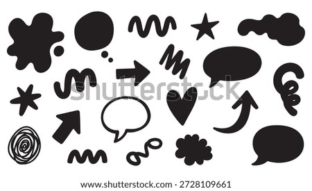 A collection of creative hand-drawn vector doodles featuring thick wavy lines, expressive arrows, minimalist hearts, and various speech bubble shapes. These black organic silhouettes are perfect for adding a handcrafted aesthetic to social media posts, digital journals, modern branding, and playful website graphics. High-quality versatile elements for contemporary design.