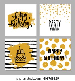 Collection of creative Happy Birthday cards with cake, dots, confetti, stripes. 