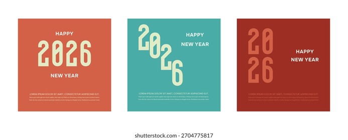 A collection of creative Happy New Year 2026 typography designs on colorful backgrounds, perfect for greeting cards, banners, posters, or social media posts. Vector.