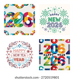 Kollektion von kreativen Happy New Year 2026 Typografie Designs mit lebendigen geometrischen Mustern, festlichen Feuerwerken und eleganten Blumenkränzen