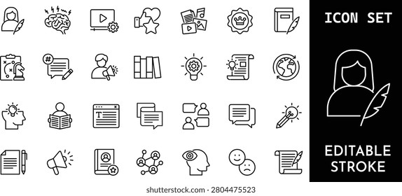 Collection of creative icons depicting writing idea generation brainstorming content marketing research and literary themes with thin line strokes isolated for professional web design projects.