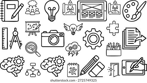 Colección de íconos creativos que representan actividades artísticas e intelectuales en un estilo de arte de línea simple