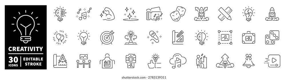 Collection of creative icons representing ideas, music, and artistic endeavors