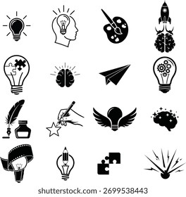 Coleção de ícones de ideias criativas como o foguete e a asa da paleta cerebral da lâmpada.