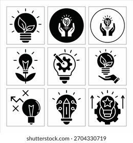 Colección de iconos de bombillas de ideas creativas y Elementos de lluvia de ideas