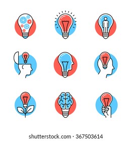 Collection Of Creative Idea Light Bulb Metaphors. Flat Style Icons. Thin Line Art Illustrations Isolated On White.