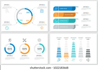 Collection of creative infographic design templates with round diagrams and bar charts with percentage, ratio or share indication. Vector illustration for presentation, brochure, statistics report.