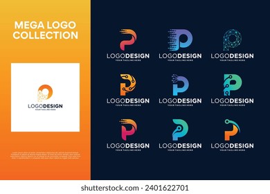 Collection of creative letter P logo designs. Abstract symbol for digital technology